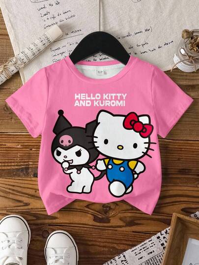 HELLO KITTY AND FRIENDS | SHEIN Jeune fille t-shirt à manches courtes avec graphique de lettres et de dessins animés mignons, porter casual pour tous les jours