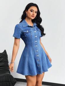 SHEIN Tall Women's Casual Washed Front Button Waist Denim Dress - Blue - View 4