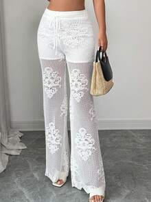 Elenzga 女士春夏新款弹力腰带镂空花卉衬里时尚优雅女士沙滩裤，带抽绳腰带针织长裤 - 白色 - 查看 3