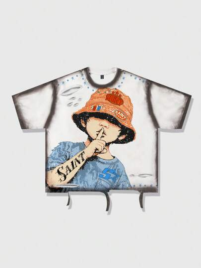 ROMWE MEN 2026 男士休闲时尚短袖T恤，做旧艺术设计，夏季款；女士街头风圆领T恤