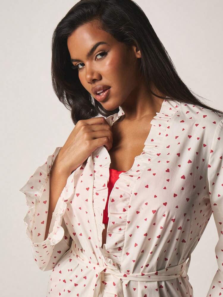 MISSGUIDED Vestaglia in raso con stampa a cuori, maniche lunghe, balze e cintura, abbigliamento da notte e loungewear
