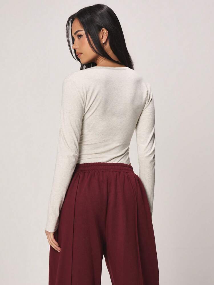 MISSGUIDED Body a maniche lunghe con bottoni e scollo a ciambella in tessuto a costine, adatto per uso casual quotidiano