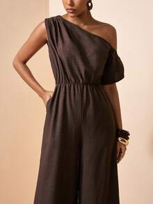 Zivah Women's Solid Color Ruched Asymmetric Shoulder Casual Jumpsuit, Suitable For Daily, Travel, Commute - Mocha Brown - View 6