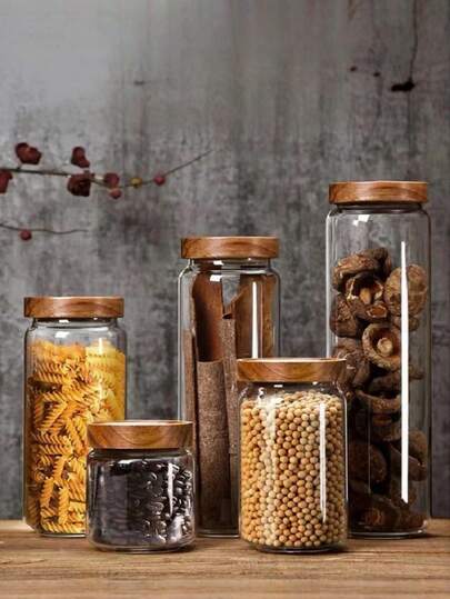 Ahşap kapaklı 1 adet cam saklama kavanozu, kahve çekirdekleri, çay, kuruyemiş, şeker, baharatlar için hava geçirmez kap, mutfak kiler düzeni için ideal.