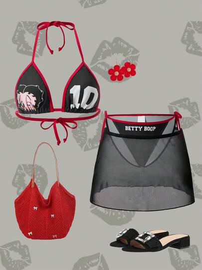Betty Boop x SHEIN Women's Summer Vacation Letter & Cartoon Graphic Halter Bikini Set With Cover-Up Skirt