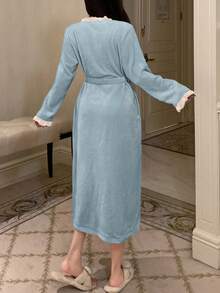 DAZY Women's Plush Contrast Color Ruffle Trim Bathrobe, Winter - Blue - View 2