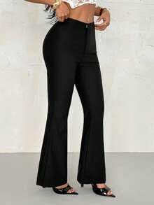 SHEIN PETITE Sexy Summer Business Office Casual Solid Flare Leg Pants - Black - View 1