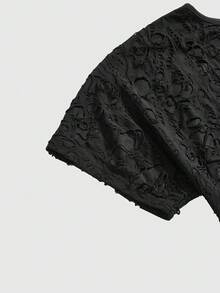 ROMWE Grunge Punk Spring/Summer Punk Dark Edgy Hollow-Out Jacquard Knit Women T-Shirt - Black - View 3