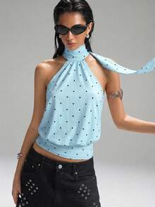 LYSMO 女士波点高领拉链针织吊带背心，无袖，简约休闲，适合日常通勤，蓝色 - 藍色 - 查看 6