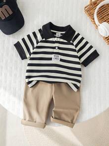 SHEIN 两件套男婴可爱条纹polo领短袖上衣和松紧腰休闲裤套装，适合生日派对、锐舞派对、晚宴、演出、婚礼、迎婴派对和一周岁生日庆祝活动。 - 彩色 - 查看 4