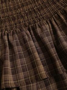 Sweetra 复古美式甜美学院风约会休闲学生音乐节束腰双层荷叶边A字棕色格子迷你连衣裙，春夏秋冬皆宜 - 咖啡棕 - 查看 5