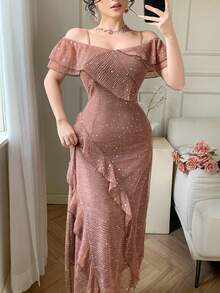 DAZY 女士优雅亮片荷叶边不对称中长连衣裙，夏季 - 粉色 - 查看 7