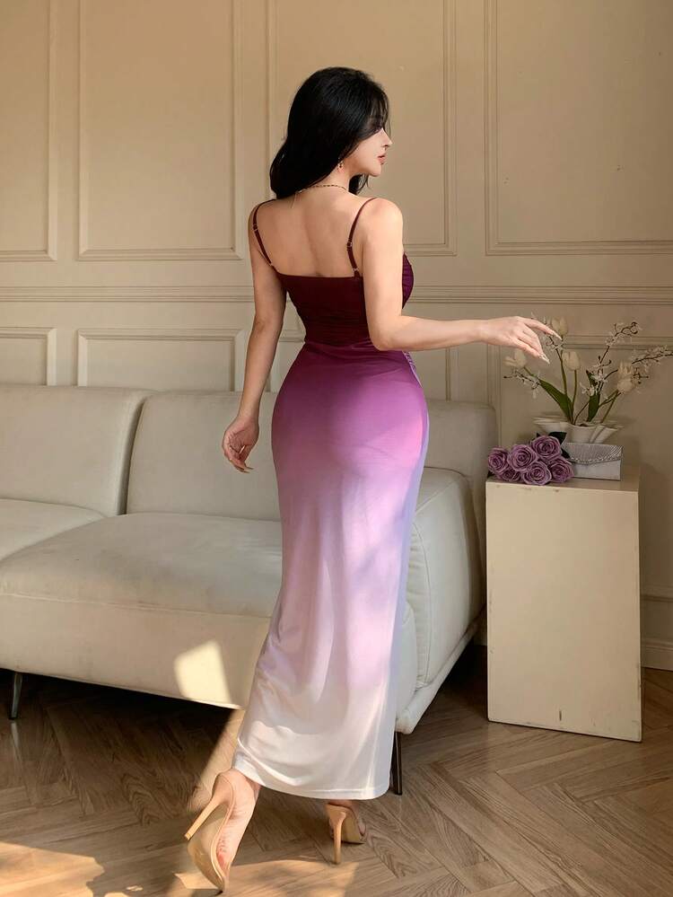 Women's Elegant Ombre Pleated Camisole Midi Dress, Summer Wedding Guest Dress Sundress