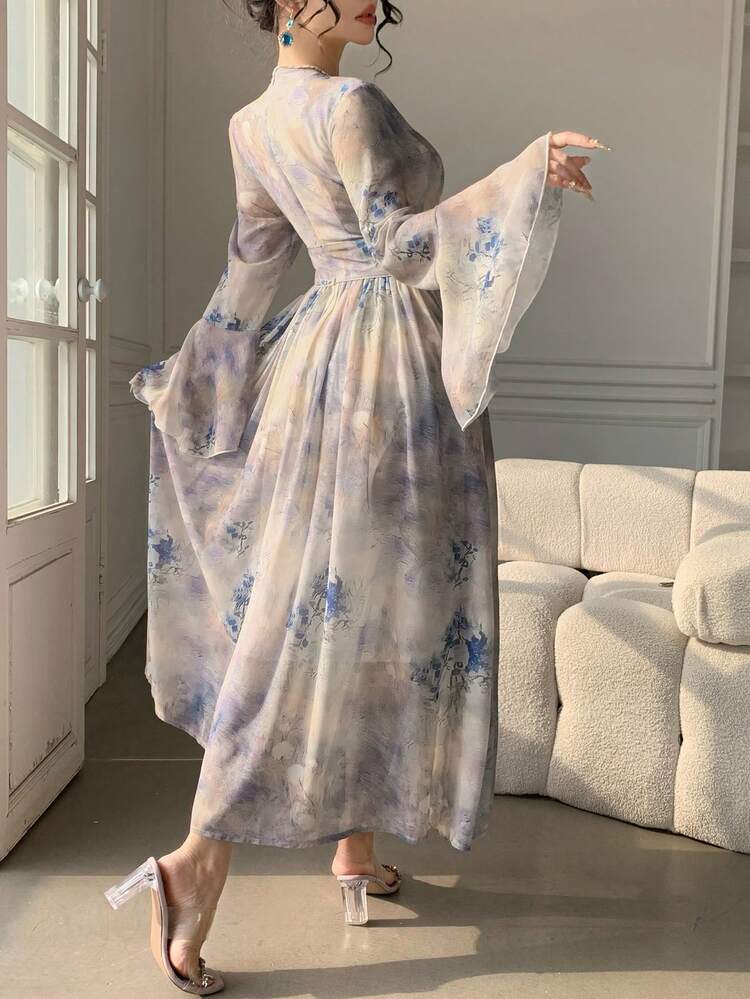 Women's Elegant Floral V-Neck Flare Ruffle Sleeve Mid-Length Dress, Spring/Summer Wedding Guest Dress Sundress