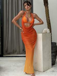 Swim SXY Women's Gradient Print Draped Neck Tie Waist Ruched Mesh Beach Maxi Dress, Summer