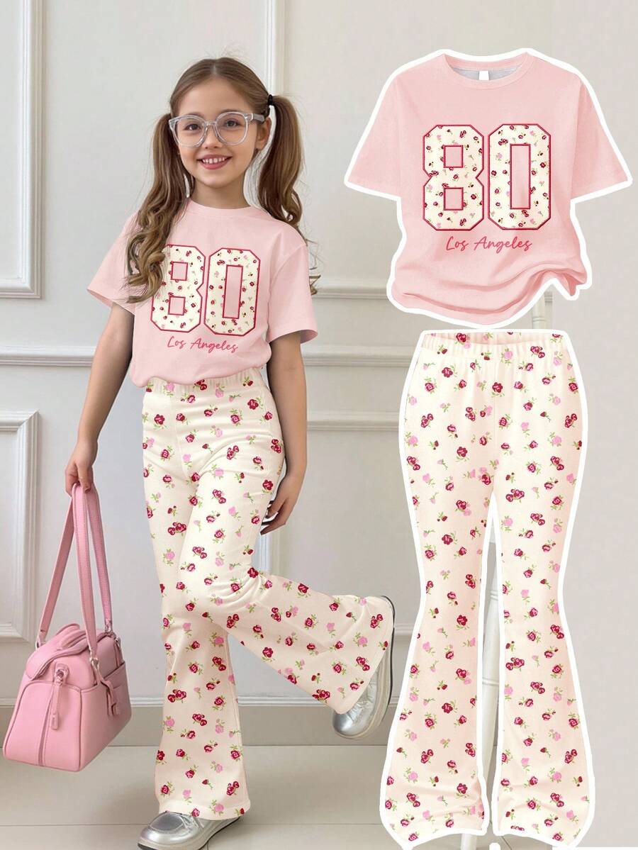 SHEIN 奶油粉和奶油白,复古甜美少女BM风格仿贴花花卉字母印花,少女休闲简约短袖圆领T恤和喇叭裤两件套,适合春夏日常穿着,春夏穿搭,轻松舒适,时尚童装,休闲服饰,儿童花卉图案服装,返校季,春夏服装,BM,休闲,波西米亚风,波西米亚花卉 - 彩色 - 查看 1