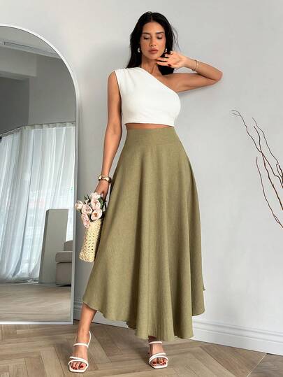 EURMUSE Summer Elegant Commuter Solid Color One-Shoulder Top And Skirt Set
