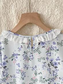 Spring/Summer Vintage Ditsy Floral Elegant Short Sleeve Knee-Length Dress With White Ruffle Collar Splice, Sweet Home Dress/Sleepwear For Girls Vintage Floral All-Over Print Neckline Lace Trim Short Sleeve Long Dress. Combination Holiday Vacation Essential - Mint Green - View 7