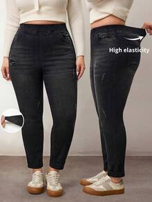 Enliva Plus Size Distressed Slim Fit Washed Denim Jeans/2026 /New Year - Black - View 6