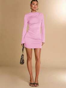 SHEIN BAE Đầm ngắn ôm sát tay dài cổ cao nhún bèo dành cho nữ, thích hợp cho mùa thu/đông, mặc nhiều lớp, mặc thường ngày hoặc đi làm. - Màu Hồng baby - Xem 4