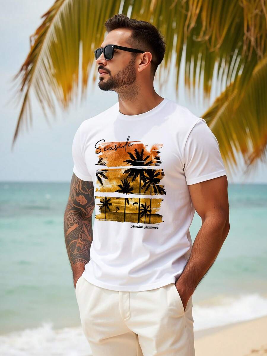 Manfinity RSRT Men's Vacation Palm Tree Letter Print Round Neck Short Sleeve Casual T-Shirt - White - View 1