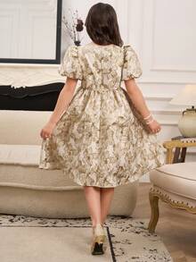 Girls' Elegant White Summer Wedding Short Sleeve Dress With Cute Ditsy Floral,Beaded And Bow Decor,Gold Flower Pattern,For Party And Casual Wear - Champagne - View 2