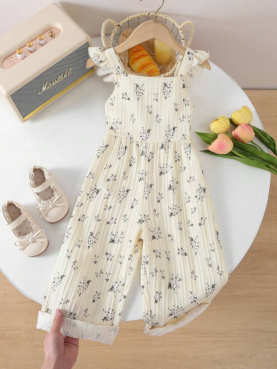 SHEIN Genkimix Kids Combinaison unique à imprimé floral couvrant entiÚrement le corps, style rétro décontracté et ajusté, convenant aux activités extérieures d'été et à l'école pour jeunes filles - Nude - Voir 1