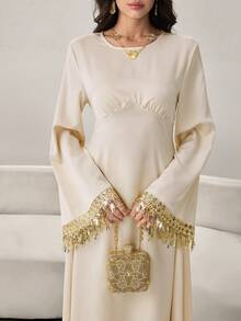 Yasmyna Women's Apricot Silk Blend Satin Long Sleeve Fringe Trim Cinched Waist A-Line Elegant Arabic Dress, Spring/Summer - Apricot - View 1