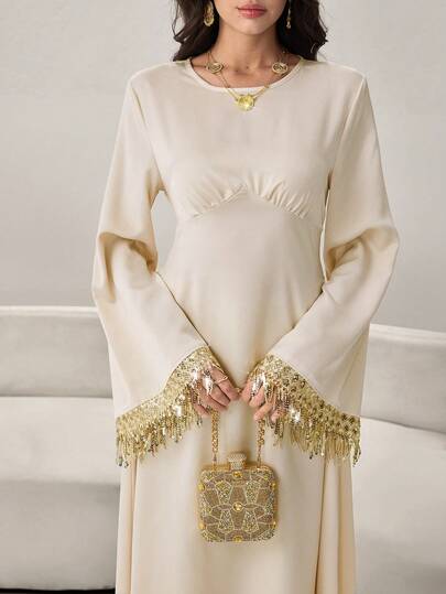 Yasmyna 女士杏色真丝混纺缎面长袖流苏边收腰A字优雅阿拉伯连衣裙，春夏款