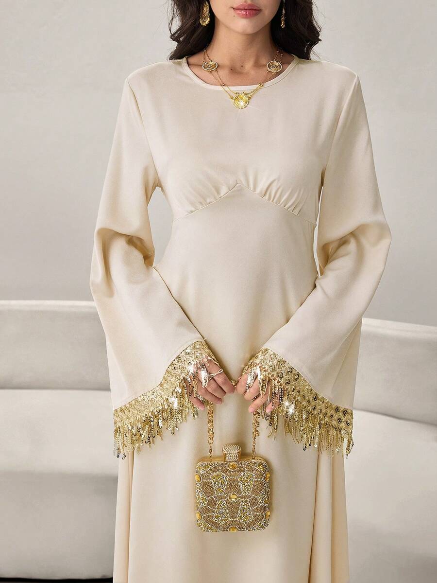 Yasmyna Women's Apricot Silk Blend Satin Long Sleeve Fringe Trim Cinched Waist A-Line Elegant Arabic Dress, Spring/Summer - Apricot - View 1