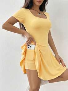 SHEIN EZwear Square Neck Short Sleeve Casual Knit Dress For Women, Pale Yellow Skater Dresses Stretchy ,Summer Mod - Pale Yellow - View 3