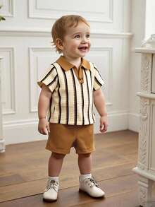 SHEIN Playful Pals Baby Boy Spring And Summer Khaki Color Textured Fabric Striped Fabric V-Neck With A Small Lapel In The Same Color Family Essential For Casual Daily Wear And Home Activities Kids Baby Clothes Ootd Baby 70s Outfit Toddler Boys Dress Set Summer Two Piece Set For 1 Year Old Boy Brown Vintage Baby Boy Clothes Brown Summer Baby Boy Outfits Brown Vintage Baby Clothes Baby Striped Outfit - Khaki - View 3