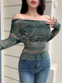Modelyn Women's Green Knitted Mesh Digital Print Ruched Off Shoulder Long Sleeve Casual Top, Spring/Summer - Green - View 6