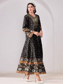 Al Najma 休闲优雅印花宽松保守阿拉伯风格连衣裙 - 彩色 - 查看 5