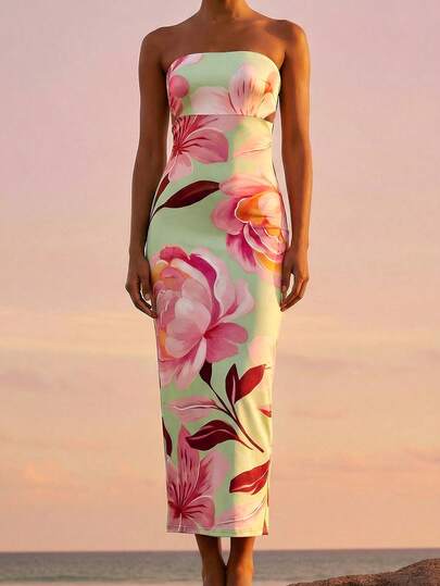 CAJUNI Tropical Vacation Romantic Huge Floral Print Long Dress