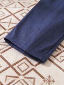 SHEIN 三件套婴儿幼儿中东风情套装，包括刺绣立领半开襟套头衫、配套纯色长裤和刺绣针织帽，绅士风格金色刺绣长袖上衣，帽子和裤子三件套，婴幼儿服装，男婴套装，尺码6个月-3岁 - 藏蓝色 - 查看 7