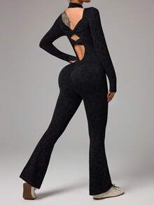 Dewbera Women's Fashionable Leopard Print Elastic Racerback Jumpsuit - Black - View 2