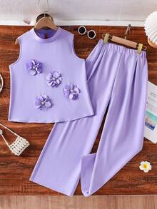 少女优雅翻领花卉装饰无袖上衣和裤子两件套 - 紫色 - 查看 1