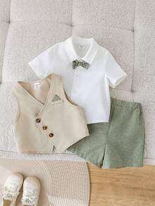 SHEIN 3pcs Set Includes White Shirt, Vest, Elastic Waist Shorts, Bow Tie, Short Sleeve Shirt Outfit, Suitable For Birthday Party, Rave, Evening Party, Performance, Wedding, Baby Shower, Christening, 1st Birthday Celebration, Wedding Guest, Baby Boy - Multicolor - View 5
