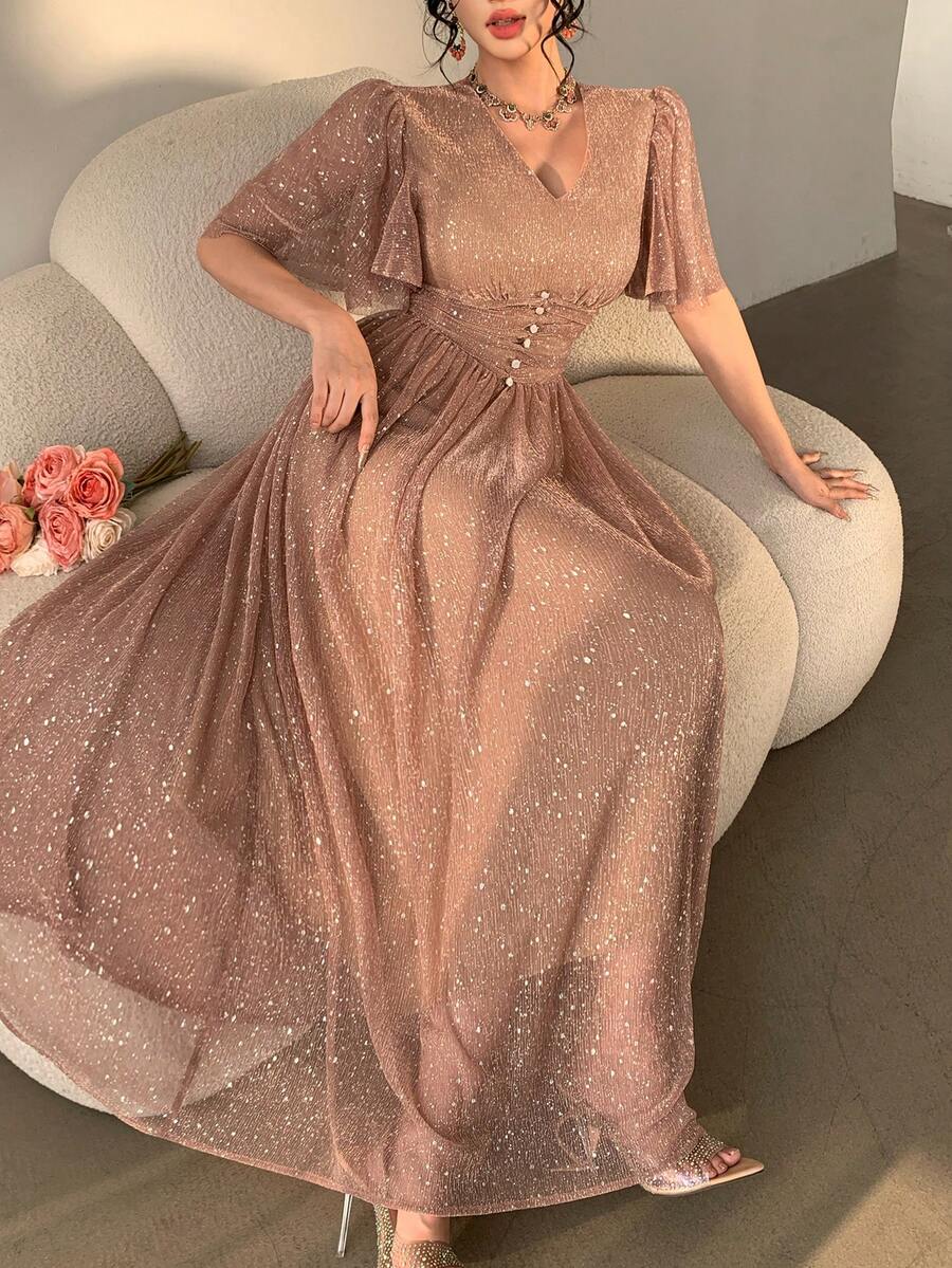 DAZY 女士优雅亮片V领荷叶袖抽绳连衣裙，夏季婚礼宾客礼服闪亮长裙吊带裙 - 金色 - 查看 1