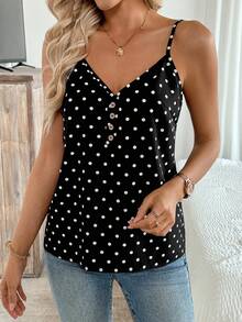 Selamara Women's Casual V-Neck Button Black Polka Dot Fashionable & Comfortable Camisole - Black - View 3