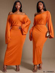 Radiana 大码女士性感优雅不对称领口收腰连衣裙，适合都市度假 - 亮橙色 - 查看 3