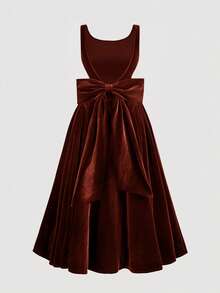 SHEIN MOD Plus Size Vintage Red Open Back Bow Tie A-Line Midi Dress, Wedding Dress, Date Dress, Valentine's Day Dress - Brown - View 5