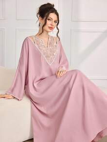 Al Najma Women's Elegant Turkish Lace Embroidery Hollow Design Long Sleeve Cardigan Kaftan Jalabiya Dress - Pink - View 7