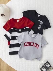 SHEIN 4pcs/Set Unisex Baby Boy/Girl Casual Letter & Stripe Print Short Sleeve T-Shirt Knit Top Outfit Set, Spring/Summer Baby Boy Clothes - Multicolor - View 3