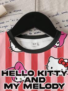 HELLO KITTY AND FRIENDS | SHEIN 少女卡通标语图案撞色条纹T恤 - 白色 - 查看 3