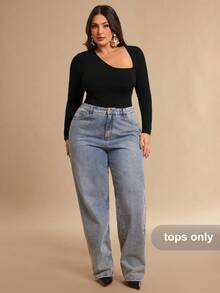 SHEIN BAE Bodysuit Assimétrico de Manga Longa para Mulheres Plus Size, Vermelho Vinho - Preto - Visão 4