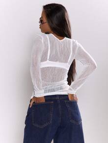 MUSERA 透视网纱长袖修身圆领上衣，秋季街头风，清凉百搭，适合夜晚外出、日常穿着，性感优雅，适合假日、派对、情人节等场合，春夏皆宜。 - 白色 - 查看 4