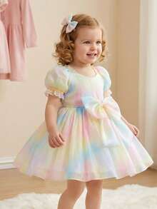 SHEIN Baby Girls' Versatile Chic Colorful Mesh Puff Sleeve Dress With Big Bow Decor, Summer - Multicolor - View 2