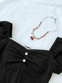SHEIN Tween Girl Casual Minimalist Comfortable Plaid Back Strap Shirt Summer - Black - View 3
